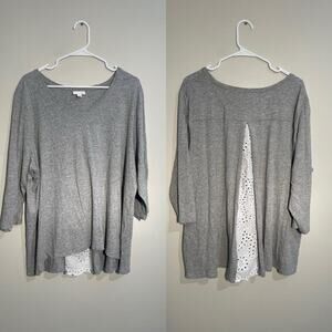 J.Jill Heathered Gray Cotton and Modal‎ Blend Tee with Eyelet Lace Insert